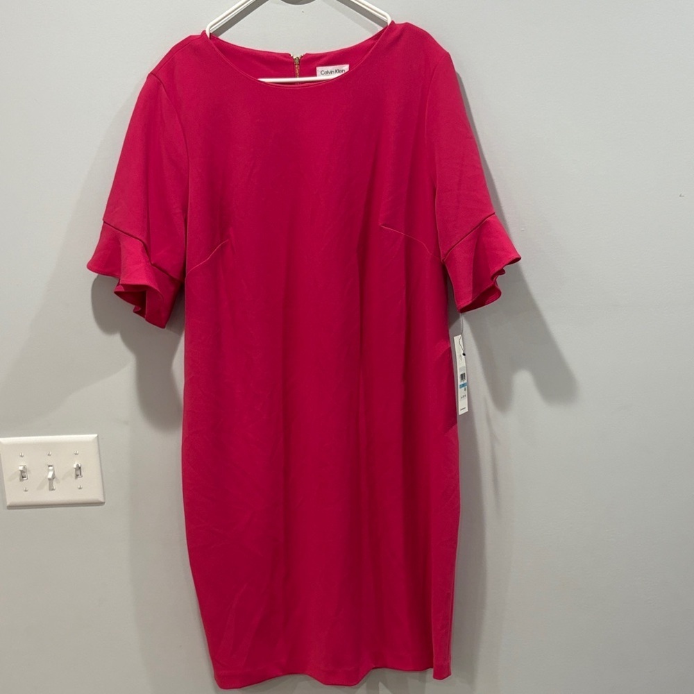 Calvin Klein Fuchsia Ruffle Sleeve Midi Dress